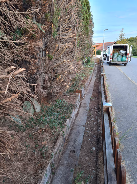 Aushub entlang einer Hecke und abtransportierter Grünschnitt durch den Hausmeisterservice von G&N Transporte in Straubing